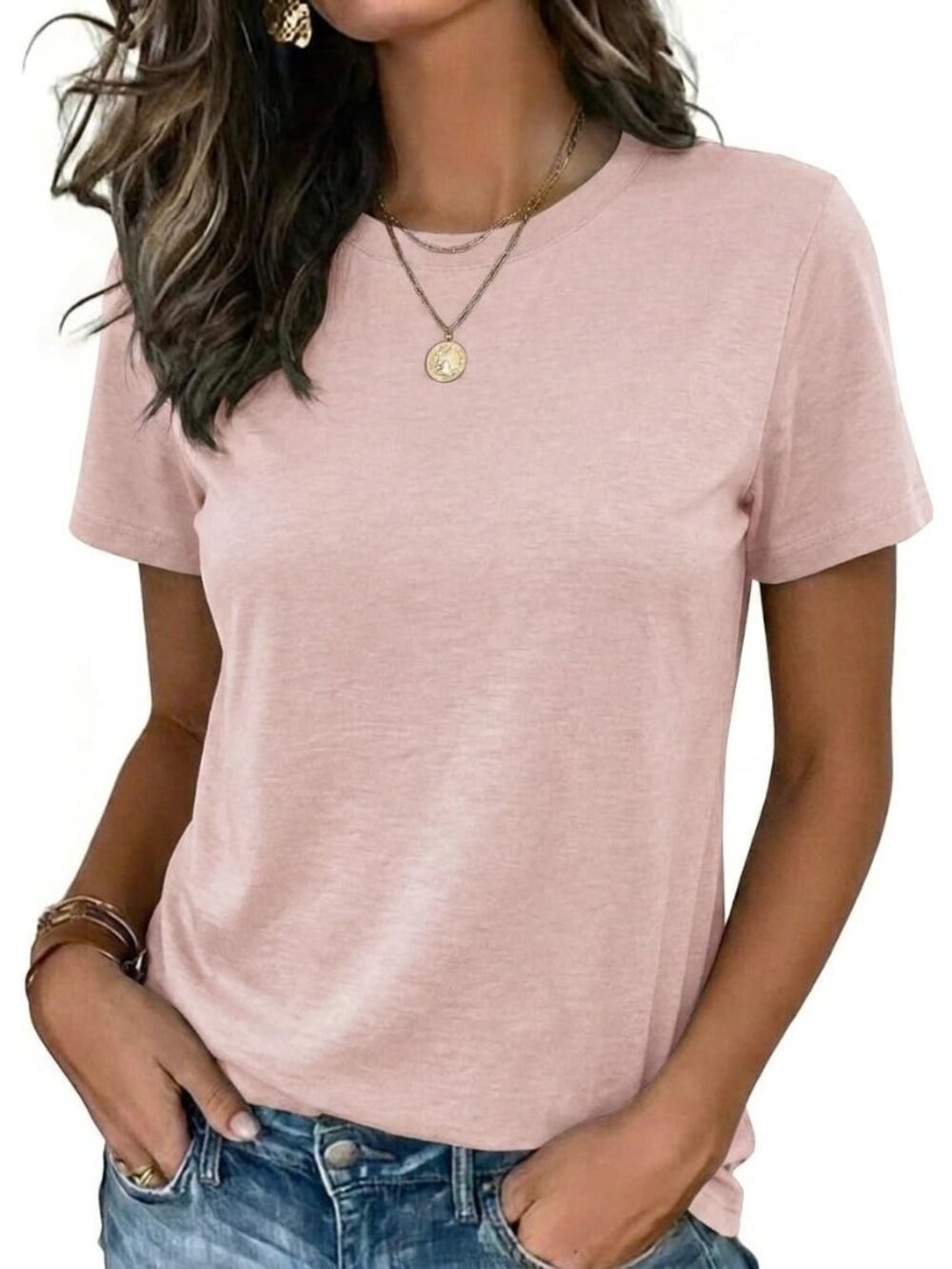 Women's Cream Short Sleeve Crew neck Casual Basic Imported Tee Shirts